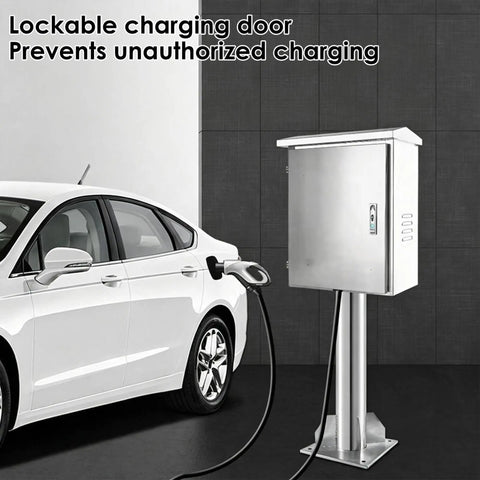 Rugged Outdoor Ev Charger Pedestal Box Floor Mounted With Heavy Duty Stainless Shield And Secure Key Lock To Keep Your Setup Gassed Up And Locked Down All Year Long next to parked car.