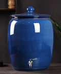 Kitchen Game Changer Top Shelf Blue Porcelain Rice Jar Snug Sealed Grain Bin For Flour Coffee Or Tea with spout and lid.
