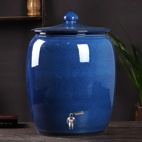Airtight Ceramic Storage Bucket For Rice, Tea, Coffee Beans And Flour With Snug Fit Lid, blue ceramic container with spout.