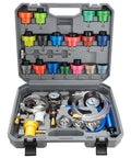 Grease Monkey Approved 30 Piece Coolant Pressure Testing Kit With Radiator Cap Adapters, hoses, gauge, and accessories in storage case.