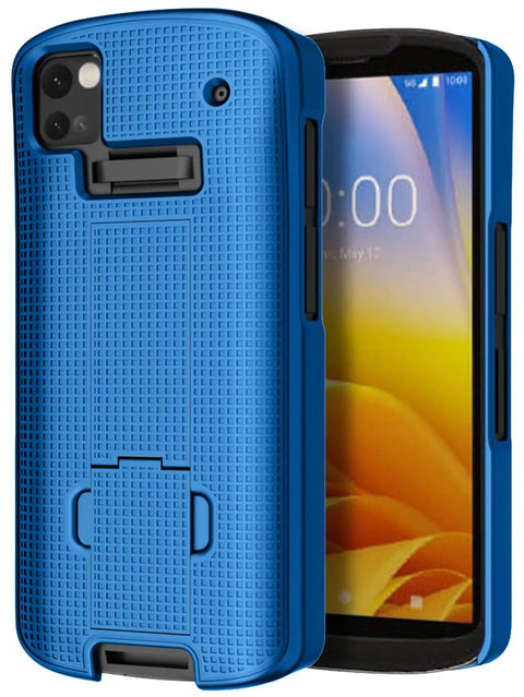 Kickass Protective Kickstand Case And Ratchet Holster Combo For Zebra TC53 TC58 Mobile Computer Handheld Scanner in fresh blue color.