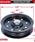 Front view of 603986 idler pulley showing size specifications, part of 605512 Idler Pulley And 604219 Pulley Kit For Hustler 52 And 42 Inch Mowers