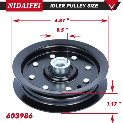 Front view of 603986 idler pulley showing size specifications, part of 605512 Idler Pulley And 604219 Pulley Kit For Hustler 52 And 42 Inch Mowers