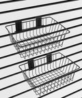 Slatwall Storage Baskets 2 Pack Matte Black Metal Wire Organizer Bins For Wall Panels 11.75 In Wide By 7.875 In Deep By 4 In High Tool Free Mounting