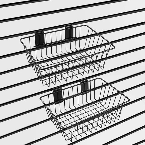 Slatwall Storage Baskets 2 Pack Matte Black Metal Wire Organizer Bins For Wall Panels 11.75 In Wide By 7.875 In Deep By 4 In High Tool Free Mounting