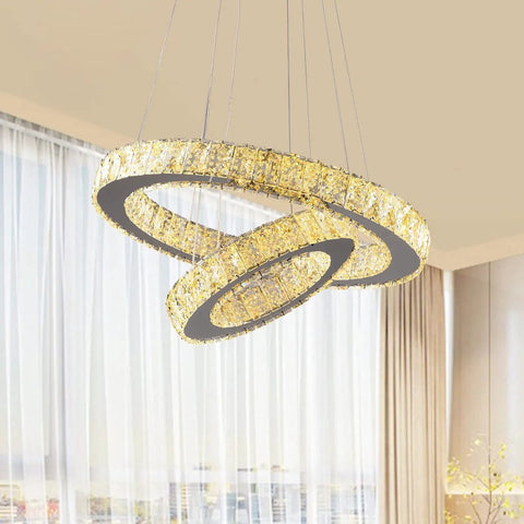 Double Ring Crystal Chandelier Pendant Light With Adjustable Height, LED Ceiling Fixture, 38W, Multi Color LED, White Warm Natural Light, 19.49 And 11.61 Inch Diameters, DIY Flexible Cable Design