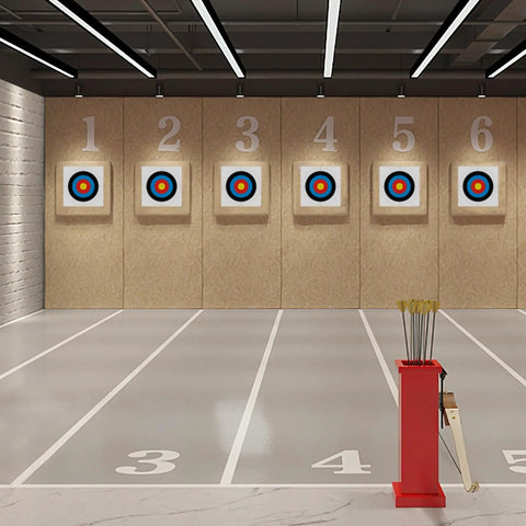 Indoor range with multiple targets, Archery Target Paper Pack Pro Grade For Practice Sesh And Hunting, 16x16 Inch Target Faces With 10 Ring Scoring