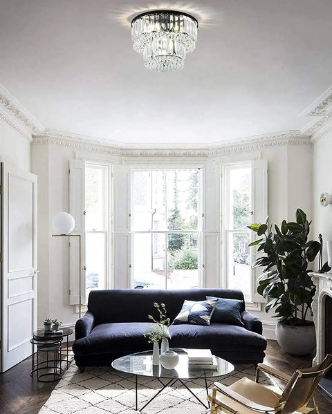 Living room with Modern Glam Crystal Raindrop Flush Mount Chandelier With Four Lights For Living Room Dining Room Bedroom Bathroom Hallway Closet