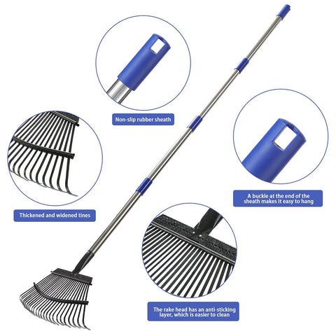 Heavy Duty Garden Rake With Adjustable Long Handle And Stainless Steel Pole Six Feet Tall 25 Tines For Leaves Yard Work Clean Up