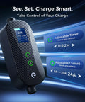 Carbon Fiber Level 2 EV Charger With 24A Adjustable Current, Timer, Smart Display shown with settings interface