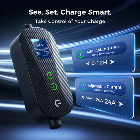 Carbon Fiber Level 2 EV Charger With 24A Adjustable Current, Timer, Smart Display shown with settings interface