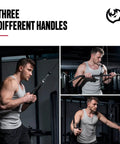 Man using Beast Mode Heavy Duty Cable Pulley System for home gym, showcasing lat pulldown, biceps curl, and shoulder workouts.