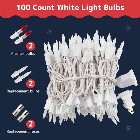 Ultra Bright White Christmas Lights 100-Count, 20 Ft Clear Wire String Lights, Incandescent Xmas Tree Lights with flasher bulbs, replacement bulbs and fuses