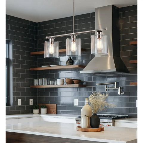 Three Light Kitchen Island Fixture With Clear Glass Cylinder Shades In Warm Brass Finish, Modern Industrial Farmhouse Pendant Lighting With Adjustable Hanging Height For Custom Height