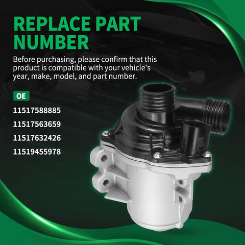 Heavy Duty Electric Engine Water Pump For BMW N54 N55 Cooling Systems X1 X3 X4 X5 X6 Z4 135i 335i 535i 640i 740i No Sweat Replacement Part side view showing part number compatibility.