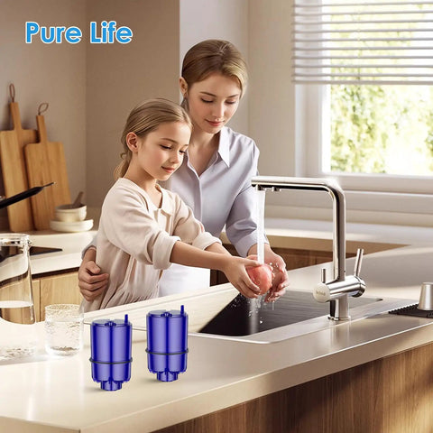 Mother and daughter using kitchen sink with Faucet Water Filter Replacement For PUR 3 Pack NSF Certified Filtration Compatible With PUR RF9999