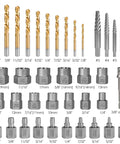 39 Piece Bolt Extractor And Drill Bit Kit For Damaged Fasteners Including Frozen Studs Rusted Rounded Off Bolts And Screws Easy Out Set With Multi Spline Extractors To Conquer Tough Stubborn Bolts, with various drill bits and extractors.