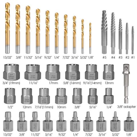 39 Piece Bolt Extractor And Drill Bit Kit For Damaged Fasteners Including Frozen Studs Rusted Rounded Off Bolts And Screws Easy Out Set With Multi Spline Extractors To Conquer Tough Stubborn Bolts, with various drill bits and extractors.
