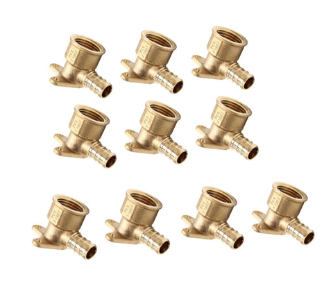 Ten Pack PEX Drop Ear Elbow Brass Crimp Fitting One Half Inch Female NPT Heavy Duty Lead Free Brass Hot Forged For Rugged Pipe