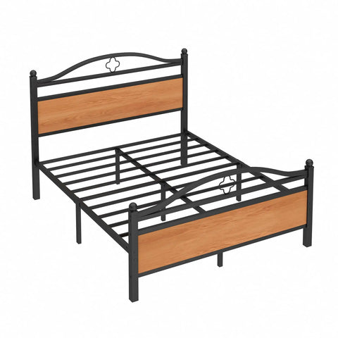 Rock Solid Full Bed Frame With Integrated Headboard, Hella Sturdy Steel Slat Base, sleek black finish and wood accents.