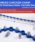 Thread checker chain with 304 stainless steel male-female studs and detachable silicone loop for identifying screw sizes.