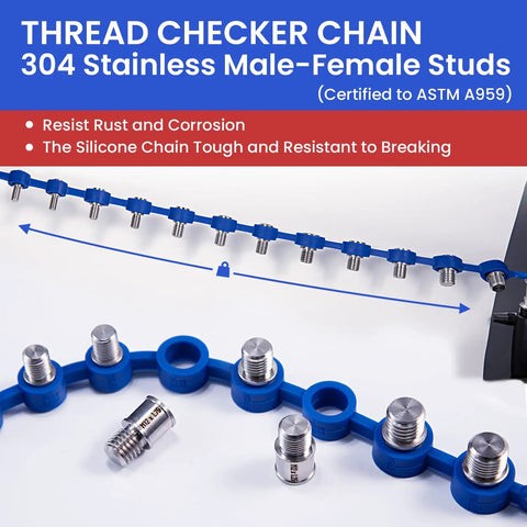 Thread checker chain with 304 stainless steel male-female studs and detachable silicone loop for identifying screw sizes.