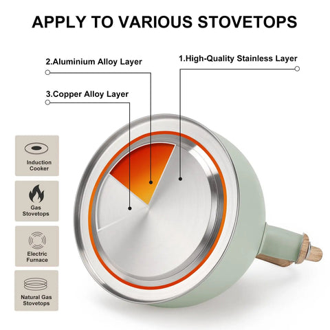 Diagram showing layers of 3 Liter Teapot With Loud Whistle Stainless Steel Stove Top Kettle With Wood Pattern Folding Handle Green