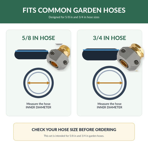 Fix Leaky Garden Hose Ends Fast With Heavy Duty Aluminum Connector Kit For 3 4 And 5 8 Inch Hoses Universal Fit Saves Cash Stop Drips Now. 5/8 and 3/4 in hose sizes shown