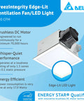 100 CFM Bathroom Exhaust Fan With Edge Lit Dimmable LED Light, showcasing brushless DC motor and energy efficiency on blue background.