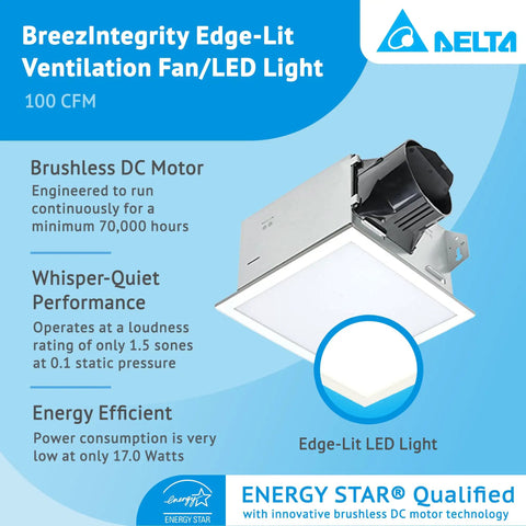 100 CFM Bathroom Exhaust Fan With Edge Lit Dimmable LED Light, showcasing brushless DC motor and energy efficiency on blue background.