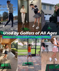Real Swing 300 Golf Swing Trainer used by diverse golfers, shown indoors and outdoors with height adjustable practice mat.