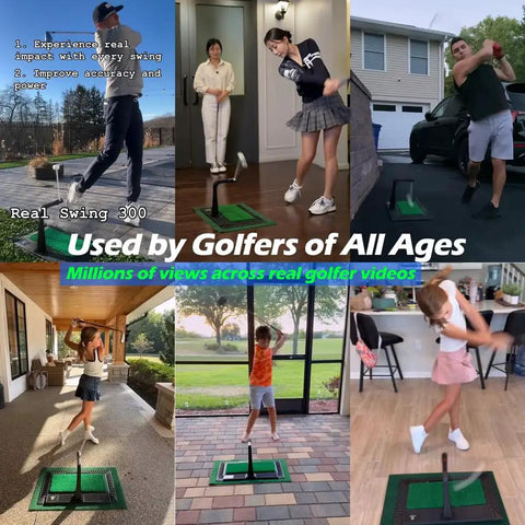 Real Swing 300 Golf Swing Trainer used by diverse golfers, shown indoors and outdoors with height adjustable practice mat.