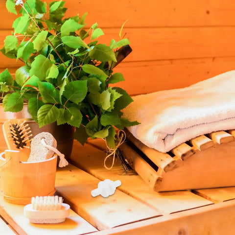Portable Sauna Steamer Joint Hose Connector for Home Steam Rooms with brushes, towel, and greenery displayed on wooden bench