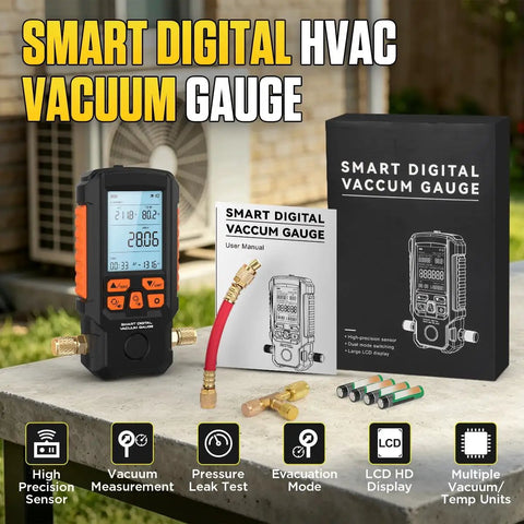 All In One HVAC Digital Vacuum Gauge With Smart Evacuation And Leak Detection Pro Grade Accuracy For Fast Readings In Torr Mbar Hpa InHg Auto Calibration 3 Inch LCD And 7 16 UNF Threads on box with accessories