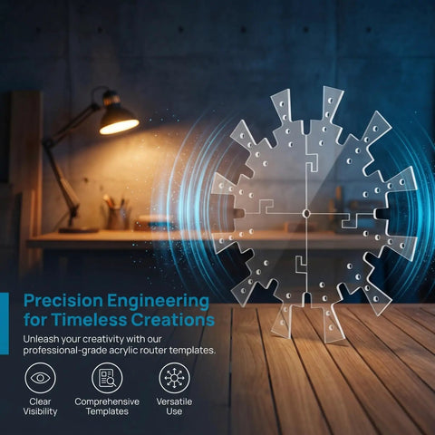 Transparent Acrylic Clock Template Set For Woodworking Router Projects And DIY Wall Dial Stencils on wooden table.