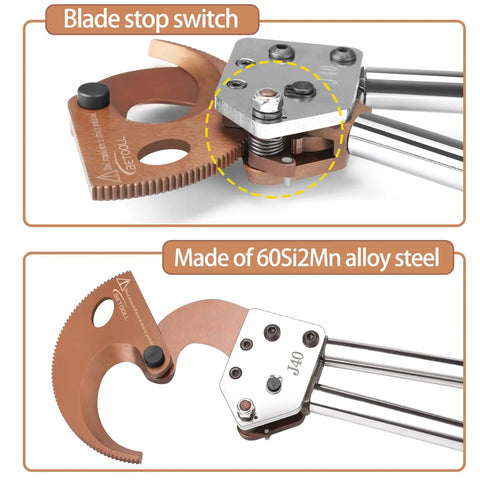 Beefed Up Heavy Duty Ratchet Cable Cutters with blade stop switch and 60Si2Mn alloy steel rugged jaw clean precise cut