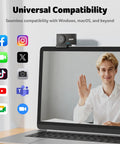 4K Streaming Webcam for PC and Mac With All Metal Unibody, Sony One-Half Inch Sensor, mounted on laptop for video call.