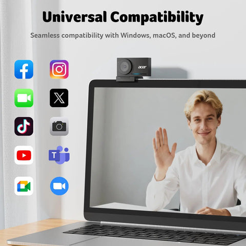 4K Streaming Webcam for PC and Mac With All Metal Unibody, Sony One-Half Inch Sensor, mounted on laptop for video call.