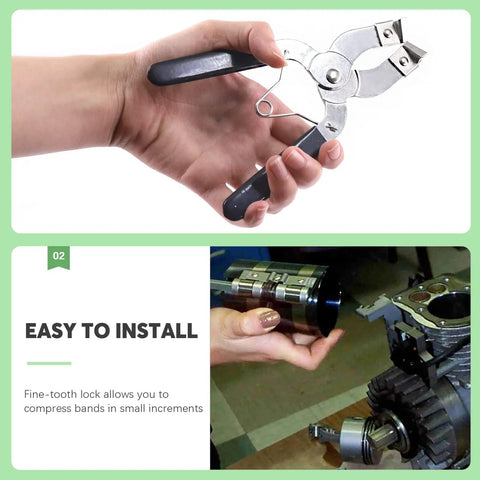 Hands using pliers from 16 Piece Pro Grade Piston Ring Compressor Tool Set with engine component.