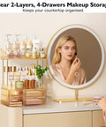 Woman using makeup at a vanity with Four Tier Makeup Organizer With Four Drawers And Top Storage For Perfumes And Skincare.