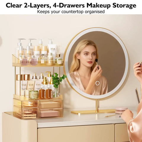 Woman using makeup at a vanity with Four Tier Makeup Organizer With Four Drawers And Top Storage For Perfumes And Skincare.