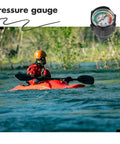 Inflatable Boat Air Pressure Gauge With Digital Display For Kayaks shown with kayaker in red kayak navigating river