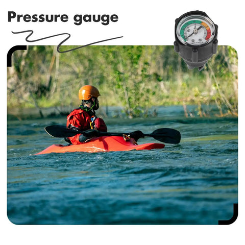 Inflatable Boat Air Pressure Gauge With Digital Display For Kayaks shown with kayaker in red kayak navigating river