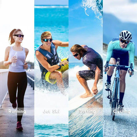 Polarized Sports Sunglasses For Men Women And Youth With TAC Lenses And TR90 Frame Built To Last Scratch Resistant Unbreakable UV Protection 99 Point 9 Ride Ready For Cycling Running Driving Fishing Golf Motorcycling And Outdoor Adventures in use for running, jet skiing, surfing, and cycling.