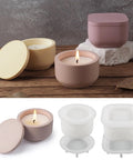 Two Sizes Silicone Candle Jar Molds With Lids For DIY Candles Soaps And Epoxy Resin Casting Pro Grade Flexible And Reusable Mold Set shown with completed candles on wood surface.