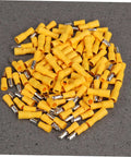 Insulated Wire Crimp Connector Kit With 50 Male And 50 Female Quick Disconnects For Electrical Wiring And Automotive Projects, yellow connectors displayed
