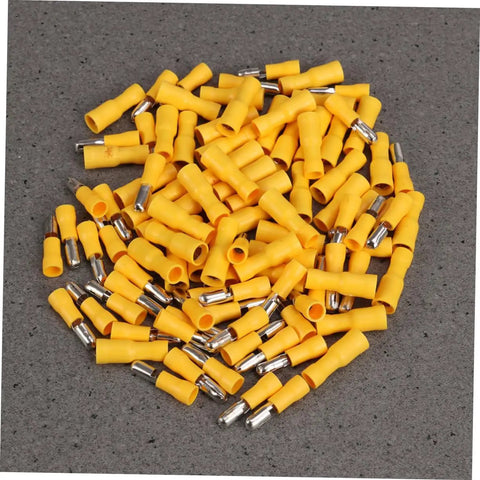 Insulated Wire Crimp Connector Kit With 50 Male And 50 Female Quick Disconnects For Electrical Wiring And Automotive Projects, yellow connectors displayed