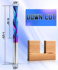 Downcut Router Bit 1/8 Inch Shank, Spiral CNC End Mill Tungsten Carbide, displayed with wood cutting example