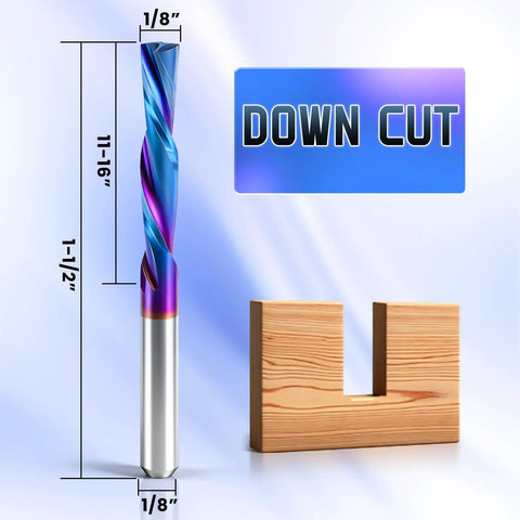 Downcut Router Bit 1/8 Inch Shank, Spiral CNC End Mill Tungsten Carbide, displayed with wood cutting example