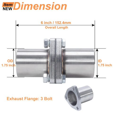 Heavy Duty Plugs Right In 3 Bolt Exhaust Flange Repair Kit With Gaskets Bolts And Mounting Hardware Universal 1.75 Inch Stainless Steel Vehicle Pipe Connector Quick Fix showing 6 inch length and 1.75 inch diameter.